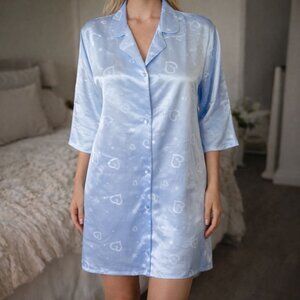 Kimono Gown Bathrobe Lingerie Blue Baby doll Hearts Button Down One Sz New